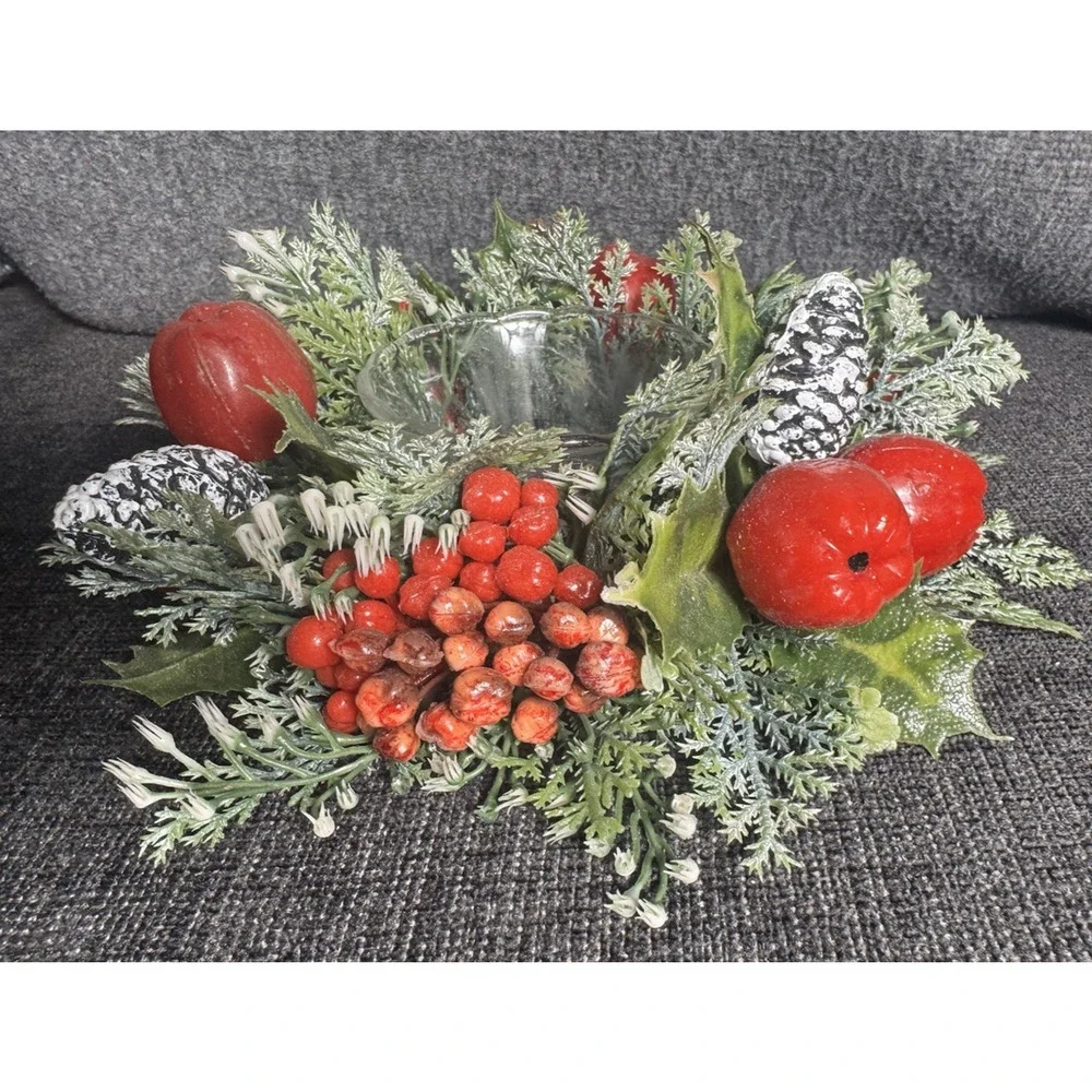 Fire King Candle Ring Plastic Christmas Pinecones Apples Holly And Berries